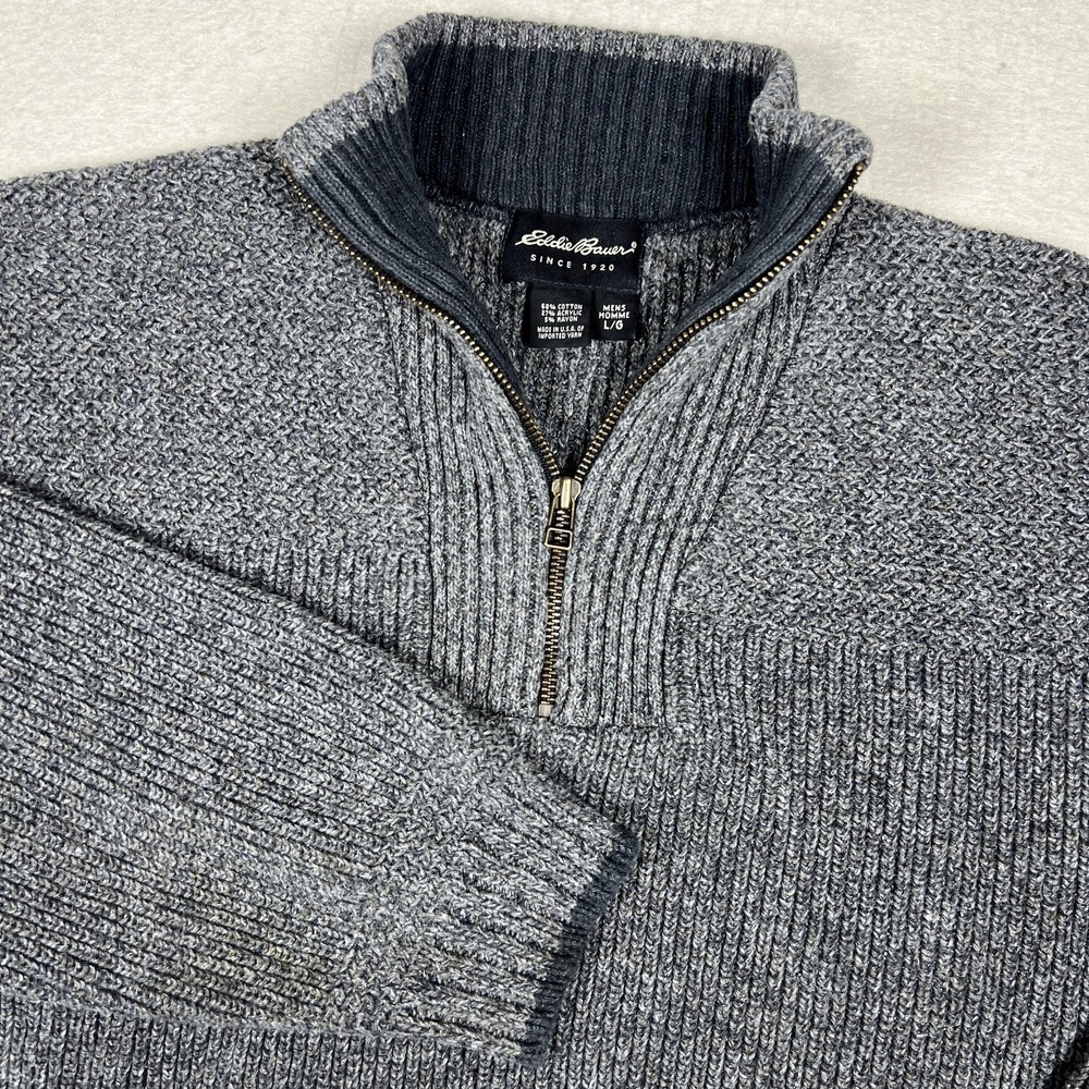 Eddie Bauer 1/4 Zip Sweater‎ Mens L Gray Mock Neck Rib Knit Cotton Blend USA